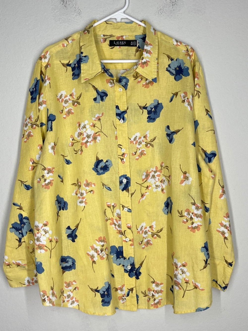Lauren Ralph Lauren Black Label Linen Blouse Floral Roll Tab Sleeve Size 3X